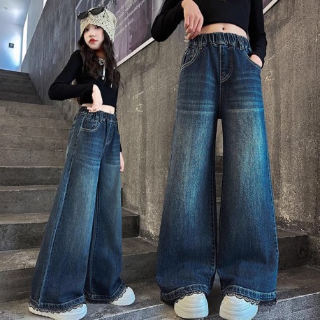 Dark Blue Black Lace Denim Pants