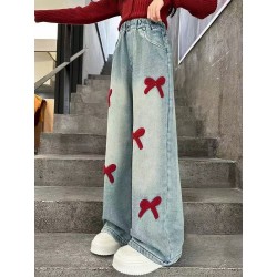 Red Fluffy Ribbon Denim Pants