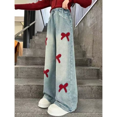 Red Fluffy Ribbon Denim Pants