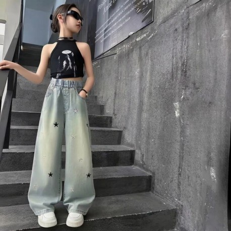 Blue Stars Embroidery Denim Pants