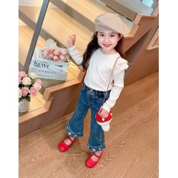 Blue Girl Cat Embroidery Denim Pants