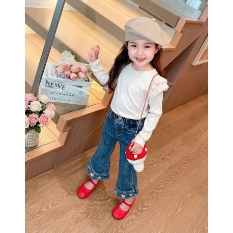 Blue Girl Cat Embroidery Denim Pants