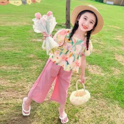 Sweet Floral Puffy Peplum Top Set Pink Pants