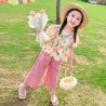 Sweet Floral Puffy Peplum Top Set Pink Pants