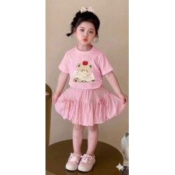 Pink Bear Lace Top Set Puffy Ribbon Skirt