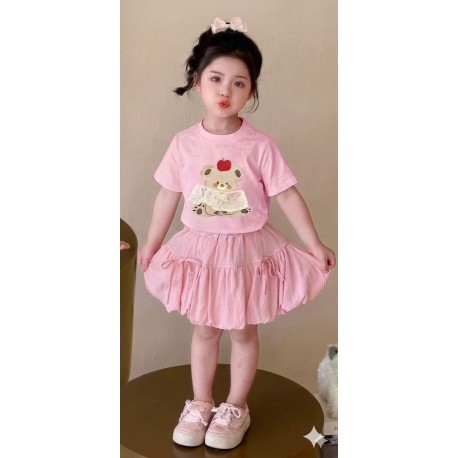 Pink Bear Lace Top Set Puffy Ribbon Skirt