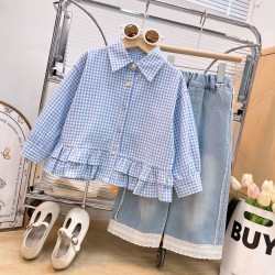 Blue Plaid Ruffles Shirt Set Denim Pants