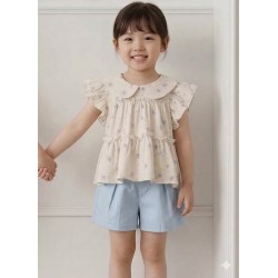 Cream Floral Ruffles Top Set Blue Pants
