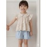 Cream Floral Ruffles Top Set Blue Pants