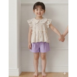 Cream Floral Ruffles Top Set Purple Pants