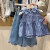 Dark Blue Plaid Shirt Set Denim Pants