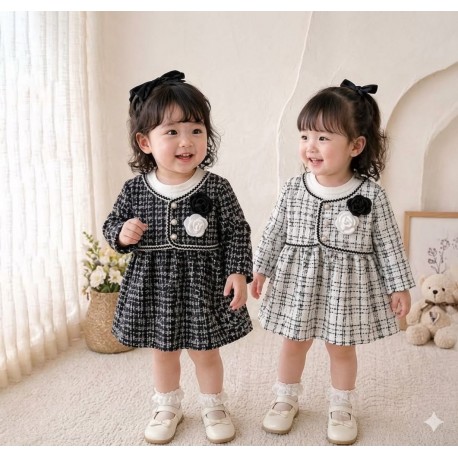 White Black Flowers Tweed Dress