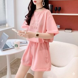 Pink Heart Top Embroidery Set Short Pants