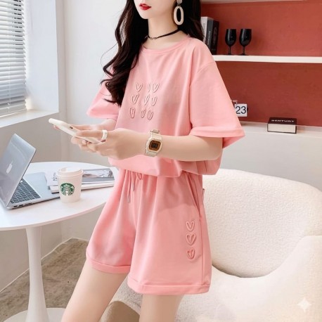 Pink Heart Top Embroidery Set Short Pants