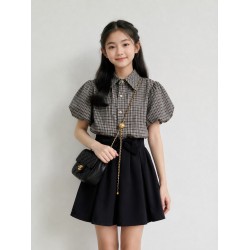 Brown Plaid Puffy Shirt Set Black Skirts