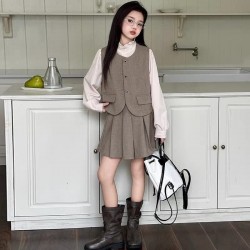 3in1 White Ruffles Top Set Light Brown Vest and Pleated Skirt