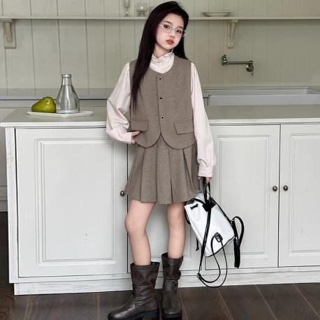 3in1 White Ruffles Top Set Light Brown Vest and Pleated Skirt