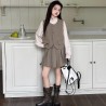 3in1 White Ruffles Top Set Light Brown Vest and Pleated Skirt