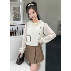 3in1 White Ruffles Top Set Vest and Brown Pleated Skirt