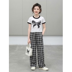 White Ribbon Top Set Black Plaid Pants
