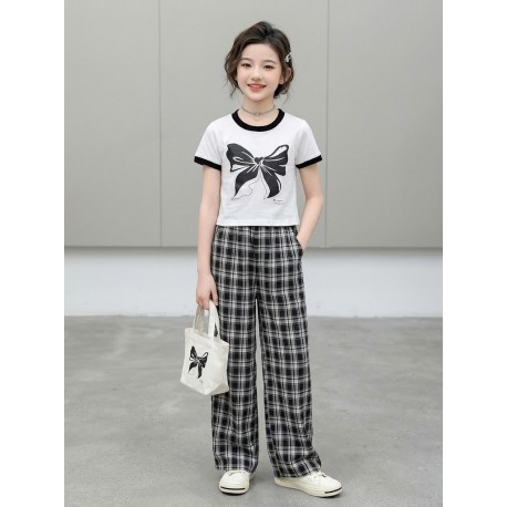 White Ribbon Top Set Black Plaid Pants