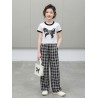 White Ribbon Top Set Black Plaid Pants