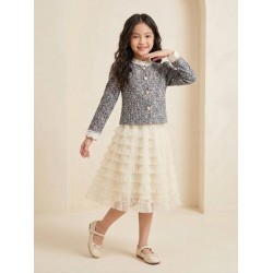 Silver Sequins Top Set White Layered Skirt