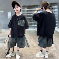 Black Pocket Top Set Green Plaid Short Pants