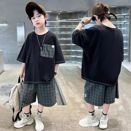 Black Pocket Top Set Green Plaid Short Pants