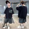 Black Pocket Top Set Green Plaid Short Pants