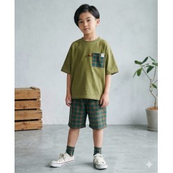 Green Pocket Top Set Green Plaid Short Pants
