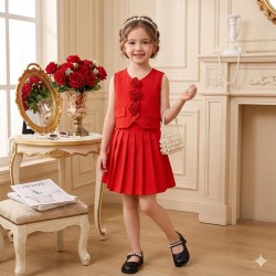 Red Rose Top Set Pleated Skirt