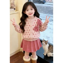 Pink Polka Knit Top Set Pleated Skirt