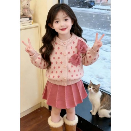 Pink Polka Knit Top Set Pleated Skirt