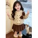 Brown Polka Knit Top Set Pleated Skirt