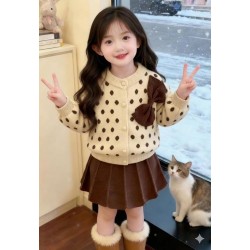 Brown Polka Knit Top Set Pleated Skirt