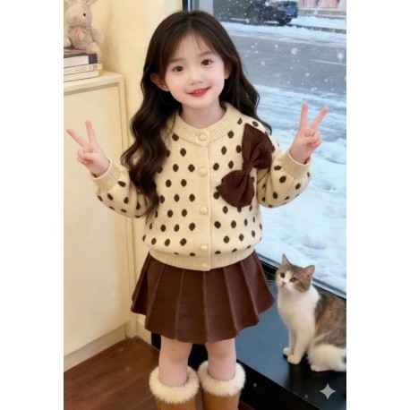 Brown Polka Knit Top Set Pleated Skirt