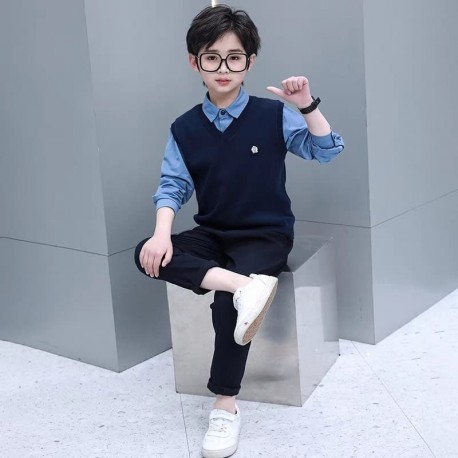 3in1 Blue Shirt Navy Knit Vest Set Pants