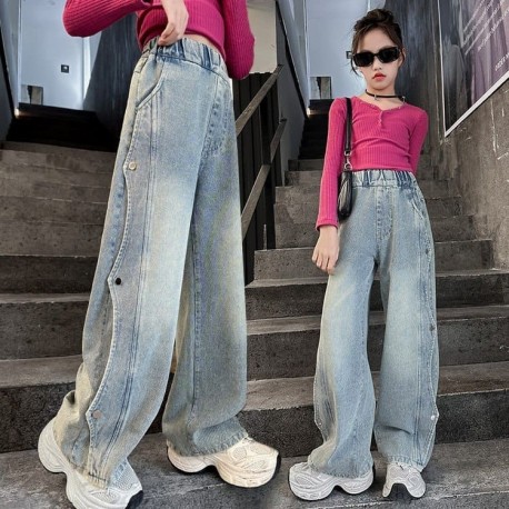 Light Blue Silver Button Denim Pants
