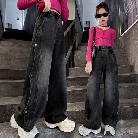 Black Silver Button Denim Pants