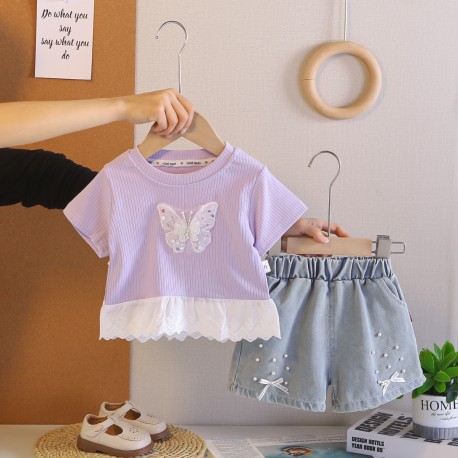 Purple Butterfly Top Set Soft Denim Shorts