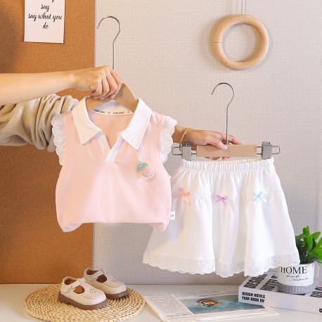 Pink Strawberry Lace Top Set White SkIrt