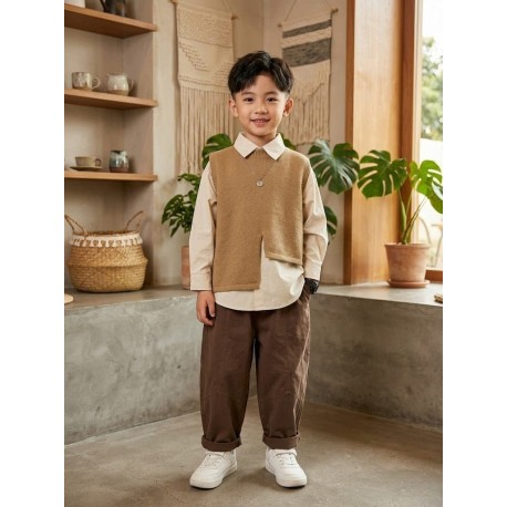 3in1 Cream Shirt Set Brown Knit Vest and Pants