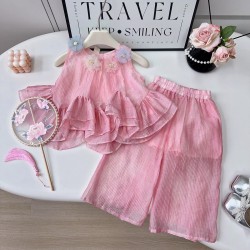 Pink Floral Ruffle Top Set Pants