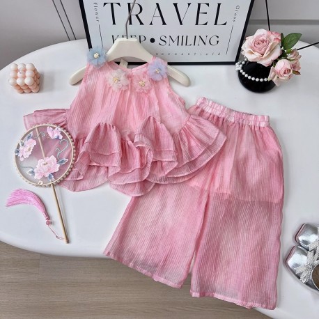 Pink Floral Ruffle Top Set Pants