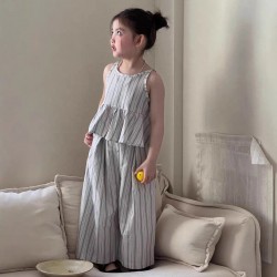 Grey Stripe Peplum Tank Set Pants