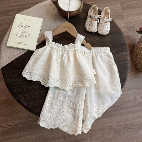 Cream Eyelets Tank Set Pants