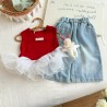 Red Tutu Ruffles Top Set Denim Pants