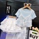 Blue White Floral Top Set White Ruffle Shorts