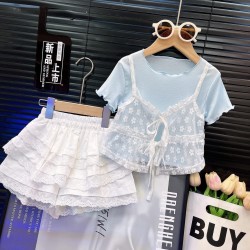 Blue White Floral Top Set White Ruffle Shorts